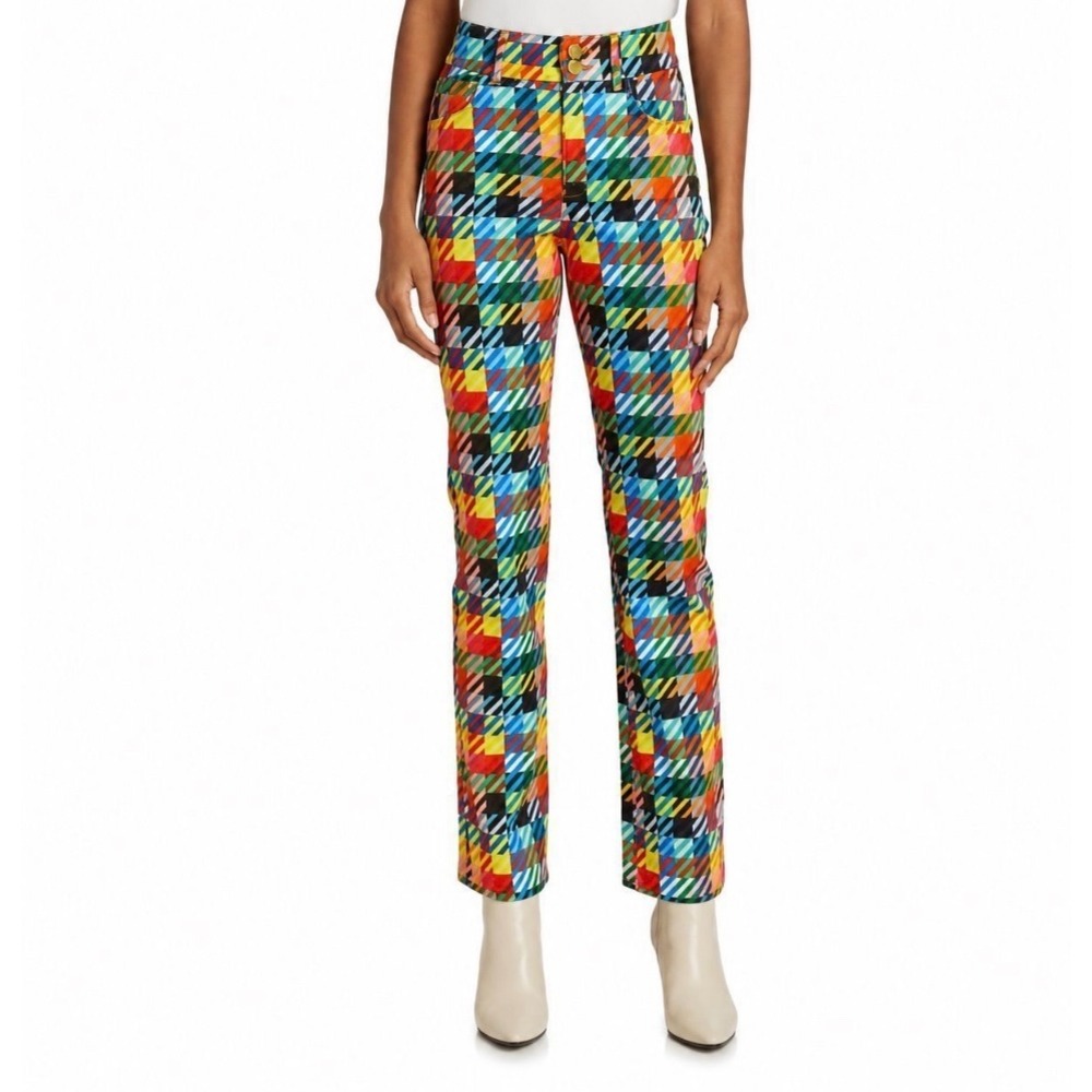 NEW BruceGlen Love Check Flare Jeans Pants 4 Multicolor Plaid Rainbow High Rise